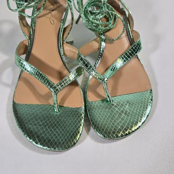 L Jewel Badgley Mischka Nolin Metallic Green Ankle Wrap Thong Sandals Heels Sz 6 - Picture 3 of 10